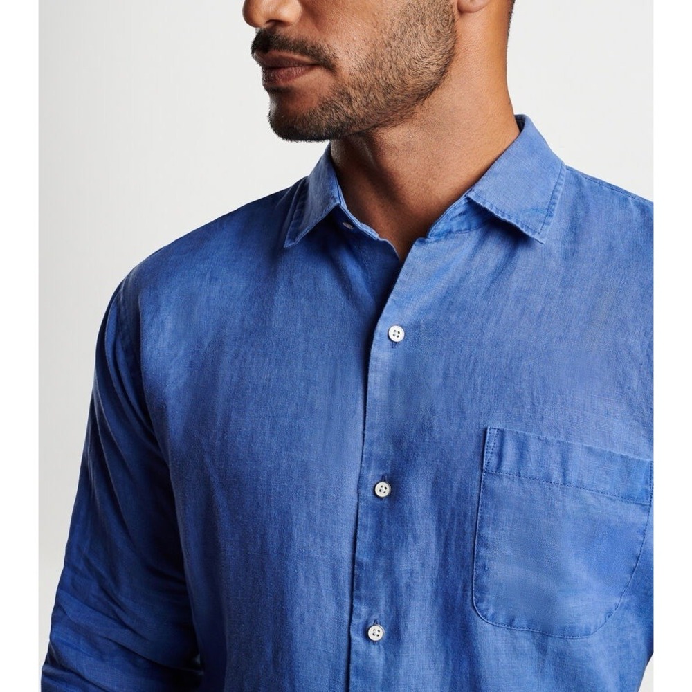 Peter Millar Coastal Dyed Linen Sport Shirt Washed Blue Size XL